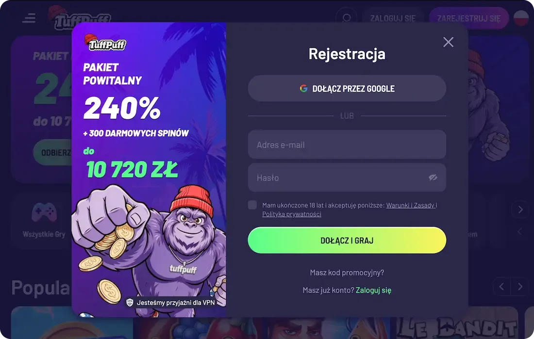rejestracja w kasynie tuffpuff